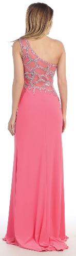 One Shoulder Web Beaded Pattern Long Prom Pageant Dress — back view