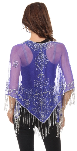 Broad V-Neck Beaded Mesh Poncho with Fringes — back view
