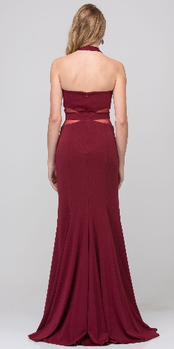 Halter Neck Mesh Panels Front Slit Long Formal Prom Dress — back view
