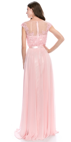 Round Neck Embroidered Lace Mesh Top Long Prom Dress — back view