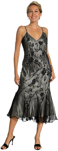 Medium Length Flared Beaded Formal Cocktail Dress