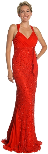Wrap Style Shirred Bodice Formal Dress with Flared Bottom