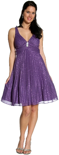 V-Neck Glittered & Pleated Formal Party Dress