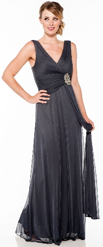 V Neck Ruched Waist with Sash Long Formal Dress 