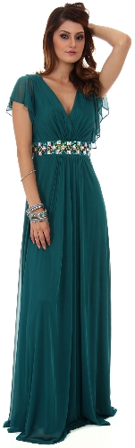 V-Neck Long Formal MOB Dress with Flutter Sleeves
