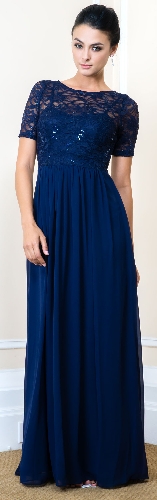 Sequins Lace Bodice Half Sleeves Long Formal Evening Dress.