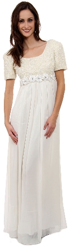 Floral Waistline Detail Short Sleeved Long Formal Gown