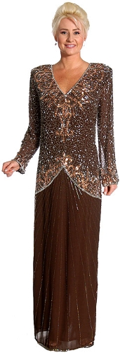 V-Neck Handbeaded Long Formal Gown with Full Sleeves