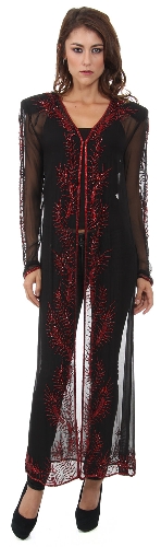 V-Neck Full Sleeves Beaded Long Sheer Jacket 