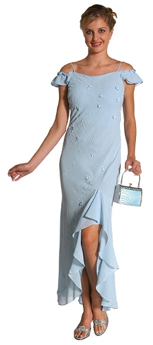 Ruffled Sabrina Cut Long Formal Dress