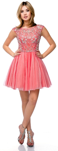 Bejeweled Short Party Prom Dress with Mesh Skirt