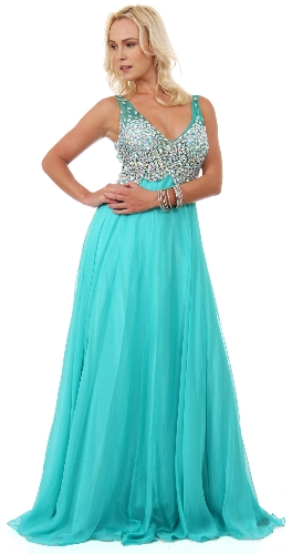 V-Neck Bejeweled Mesh Top Floor Length Formal Prom Dress