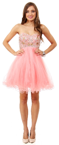 Strapless Beaded Bust Mesh Short Party Prom Dress