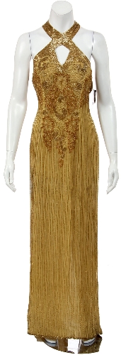 Crossed Bodice Beaded Long Evening Gown