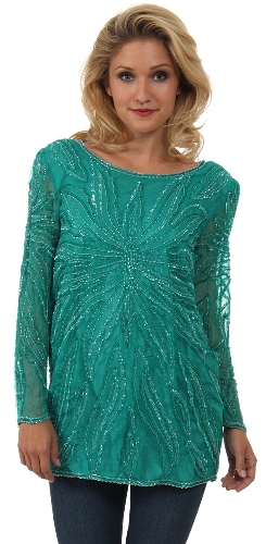Round Neck Artistic Sequins Pattern Long Blouse
