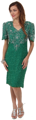 V-Neck Tea Length Formal Beaded Dress with Half Sleeves