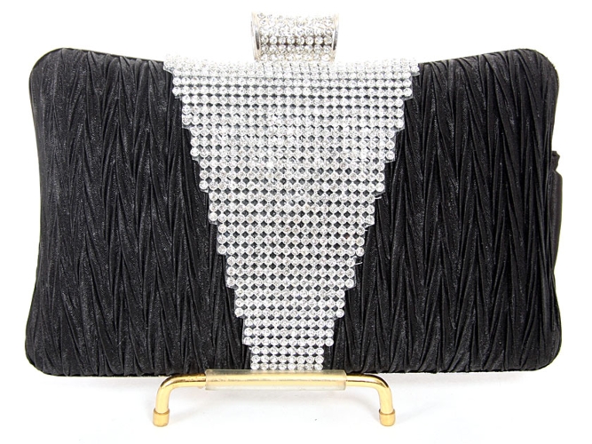 Crocheted Satin Metal Frame Evening Bag in Black
