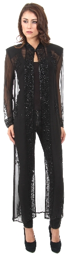 High Collar Full Sleeves Long Sheer Beaded Jacket