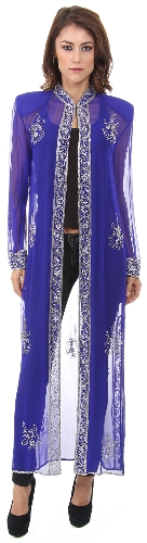 High Collar Full Sleeves Long Sheer Beaded Jacket