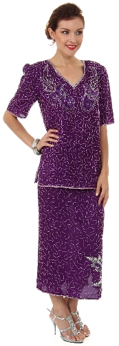V-Neck Two Piece Sequined Blouse and Skirt Set