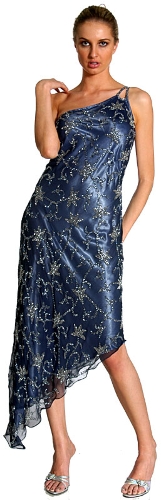 One Shoulder Shimmering Dress with Beaded Flower Patterns