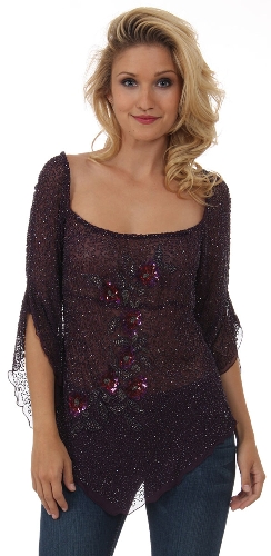 Square Neck Asymmetric Hem Beaded Sheer Blouse.