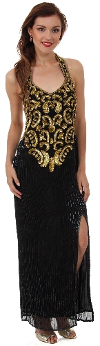 Halter Neck Paisley Sequins Pattern Formal Evening Gown 
