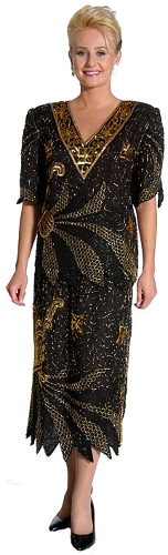 Short Sleeves Tea Length Formal Beaded Two Piece Dress