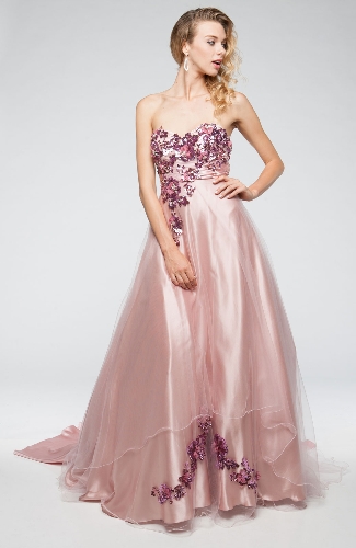 Strapless Floral Pattern Satin & Mesh Prom Ball Gown