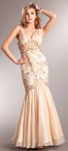 Bejeweled Lace Bodice Mermaid Skirt Long Formal Prom Gown