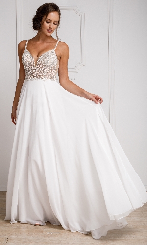Bejeweled Bodice V-Neck Spaghetti Straps Formal Prom Dress