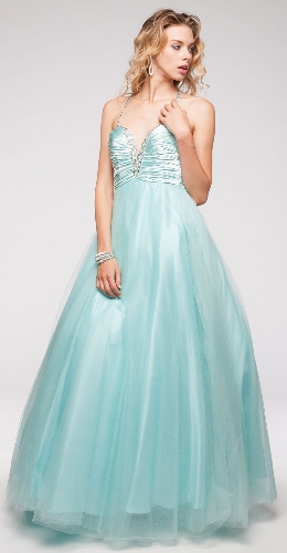 V-Neck Satin Bodice Puffy Mesh Skirt Formal Prom Dress