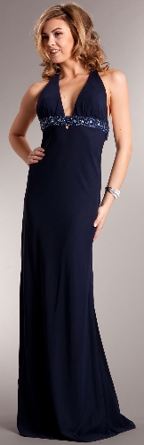 Plunging Neckline Formal Prom Dress with Bejeweled Back