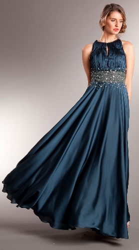 Ruched Bust Beaded Empire Cut Long Formal Prom Dress