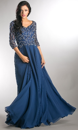 V-Neck Beaded Top Half Sleeves Long Mother of Bride Dress