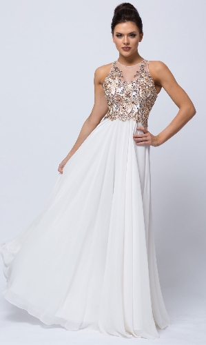Sleeveless Floral Accent Beaded Top Long Prom Dress