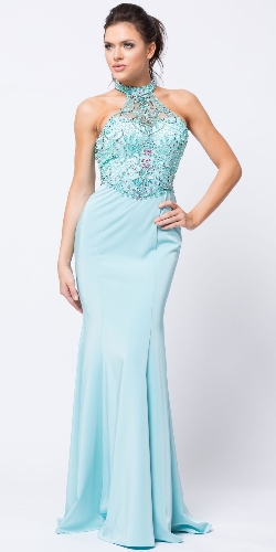 Beaded Halter Mesh Top Flared Skirt Long Prom Dress