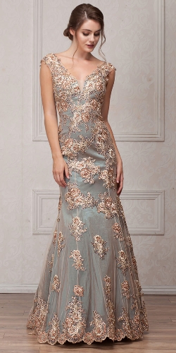 V-Neck Floral Embellishments Mesh Long Prom Pageant Dress
