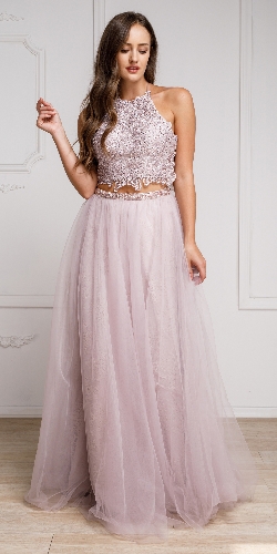 Dazzling Embroidered Two Piece Halter Prom Dress