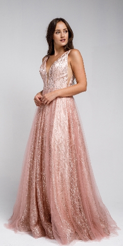 V Neck Vines Pattern Tulle Prom Gown