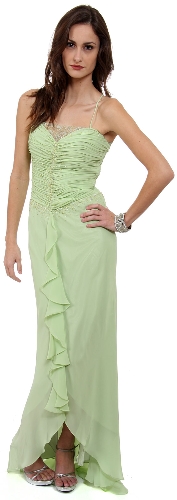 Ruffled Beaded Full Length Formal Prom Dress