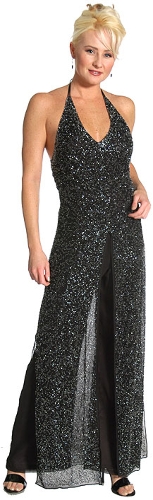 Halter Neck Beaded Long Dress with Attached Pants 