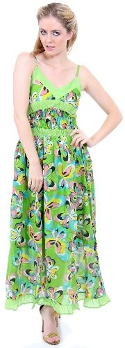Spaghetti Strapped Butterfly Print Summer Dress in Lime