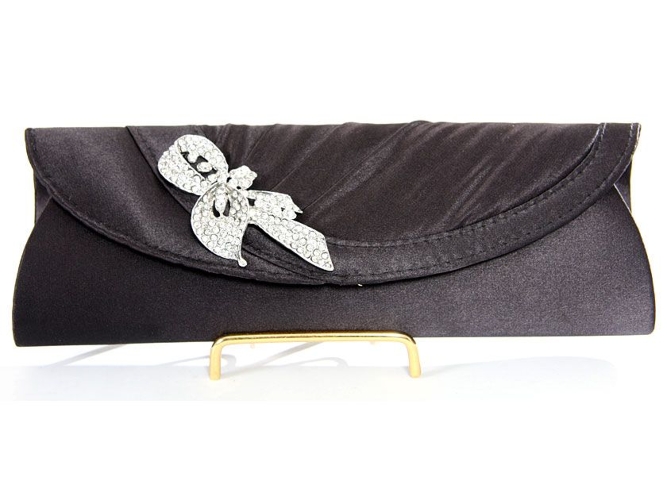 Satin Evening Bag with Studded Brooche in Black
