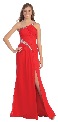 One Shoulder Pleated Jewels Bust Long Formal Prom Dress
