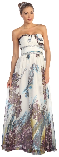 Strapless Printed Long Formal Prom Dress with Beaded Waist