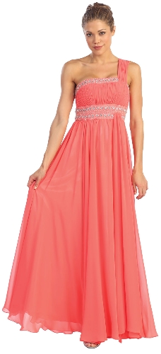 One Shoulder Ruched Long Formal Dress with Bejeweled Bust
