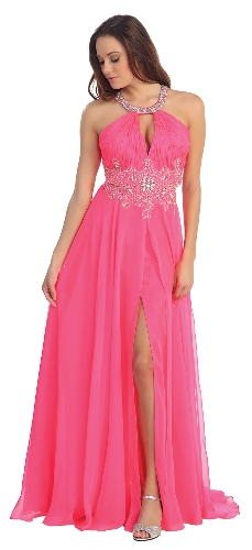 Halter Neck Rhinestone Waist Long Formal Prom Dress