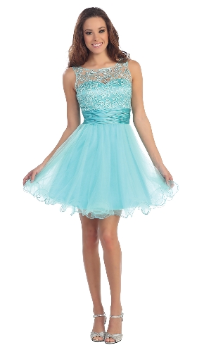Patterned Sheer Neckline Tulle Short Party Prom Dress
