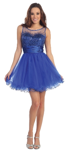 Round Neck Sequins Bust Tulle Short Party Prom Dress